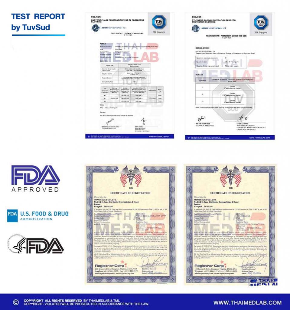 THAIMEDLAB-ขายเวชภัณฑ์-ขายอุปกรณ์ฆ่าเชื้อโรค-ป้องกันเชื้อโรค-ชุด-Gown-ป้องกันCovid-PPE-ASTM-1671-US-FDA-APPROVED-TUVSUD-Certificate-pass